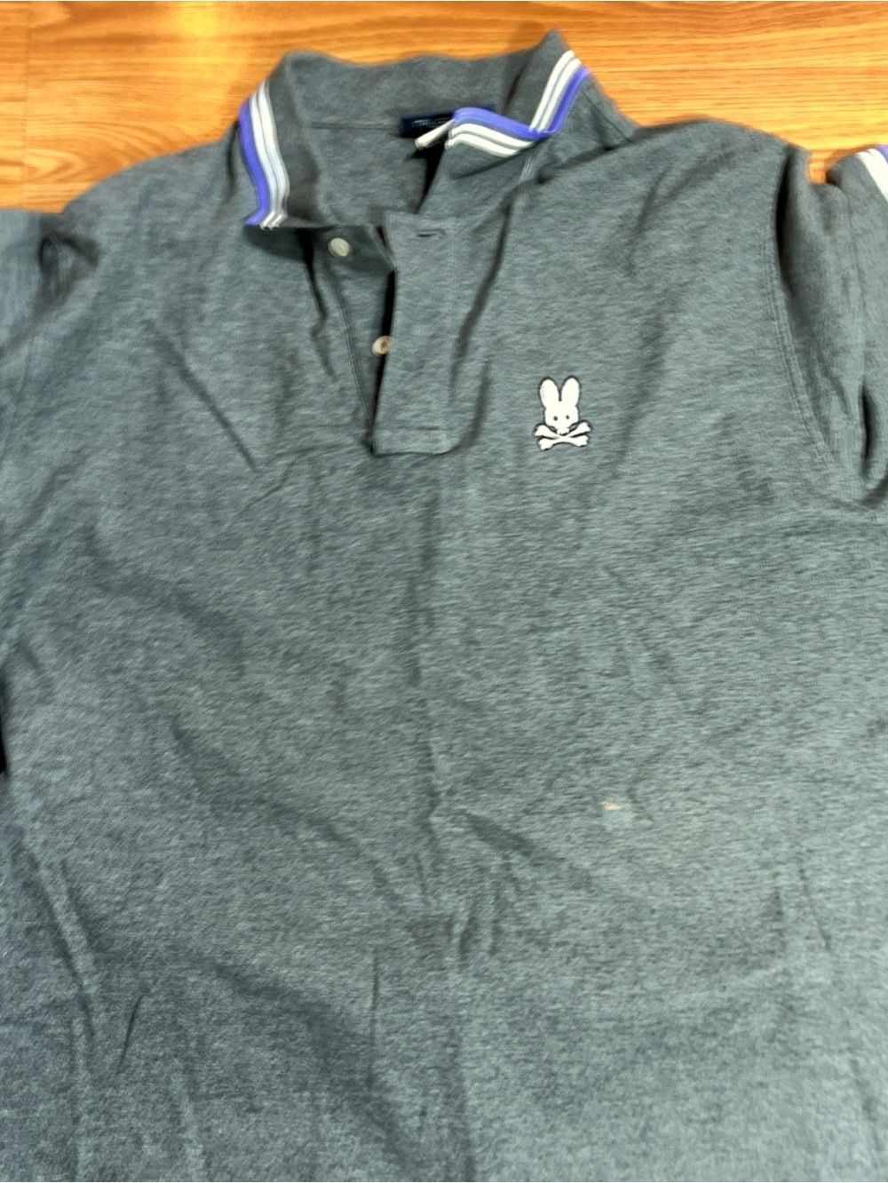 Psycho Bunny Gray Polo with White Embroidered Logo and Blue-Trim Collar Size XL